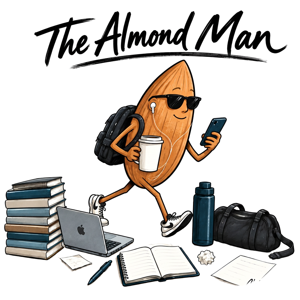 Illustration of the Almond Man rushing past books, a laptop, and a gym bag with coffee and a phone in hand